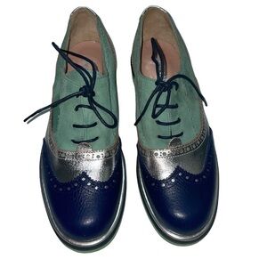 POLLINI Lace-up Leather Blue Green Silver Loafers Size 7